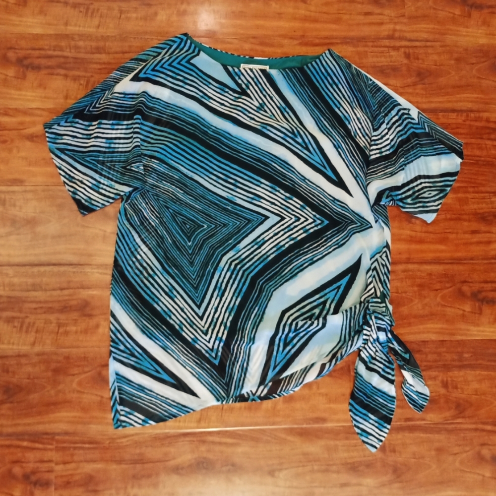 Dana Buchman Sheer Asymmetrical Abstract Teal Top with Tank Liner, S